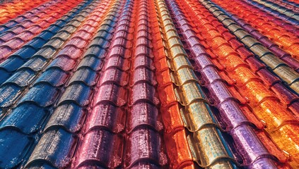 Fototapeta premium Colorful tiled roof with a shimmering effect under bright sunlight, showcasing vibrant hues and geometric patterns