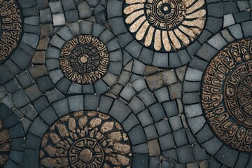 Textured paving stones display decorative circular designs in shades of gray and tan