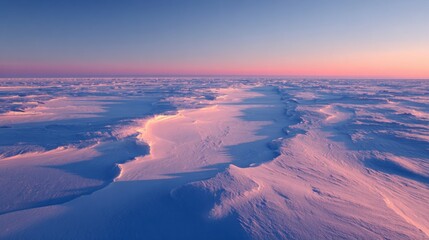 Frozen tundra plains at twilight, with delicate snowdrift patterns and long, soft shadows, minimalist Arctic landscape
