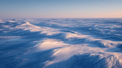 Frozen tundra plains at twilight, with delicate snowdrift patterns and long, soft shadows, minimalist Arctic landscape
