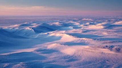 Frozen tundra plains at twilight, with delicate snowdrift patterns and long, soft shadows, minimalist Arctic landscape
