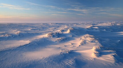 Frozen tundra plains at twilight, with delicate snowdrift patterns and long, soft shadows, minimalist Arctic landscape
