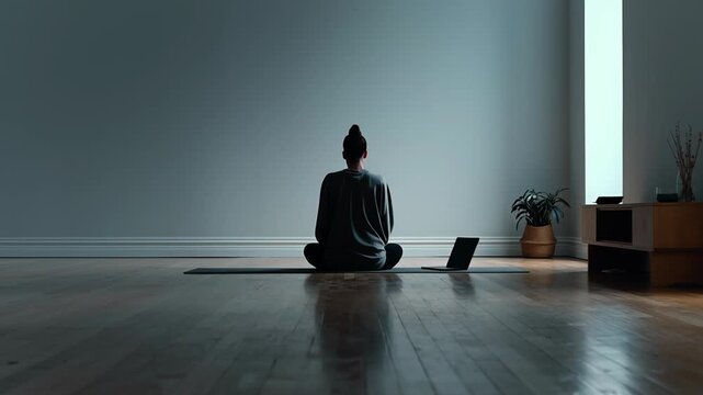 A woman is sitting on a mat in a room with a laptop on her lap. The room is dimly lit. Minimalist scene of a person practicing intentional breathing or focus, uncluttered space, calm self-optimization