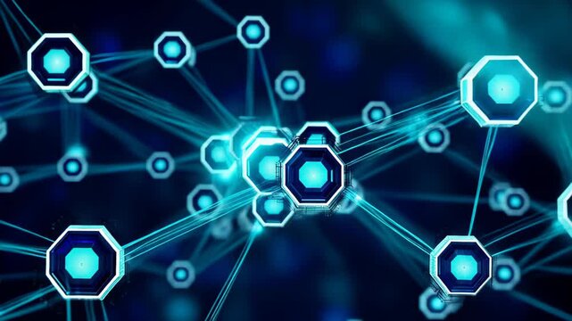 A background of moving hexagonal nodes connecting into a vast network, dark blue and cyan colors, cybersecurity and trust.