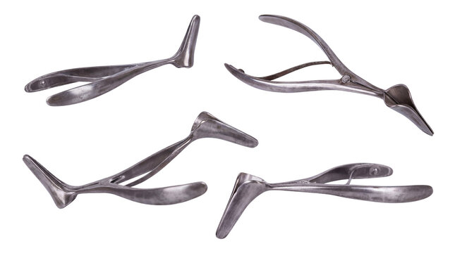 a set of four antique metal speculums, showcasing varied designs and sizes, presented against a dark, isolated transparent background for medical or historical contexts.