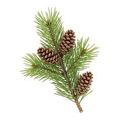 A pine tree branch with cones on a white background isolated on white background