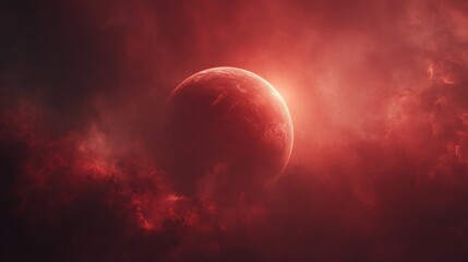cinematic background of a red cosmic scene, featuring a large red planet seen close-up with glowing surface texture, surrounded by deep red nebula clouds

