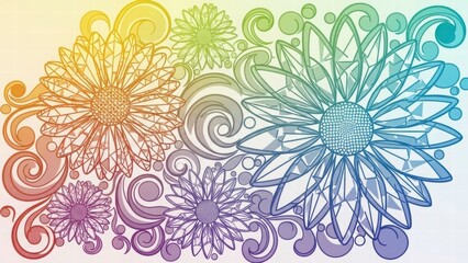 Rainbow Floral Fantasy: A vibrant array of stylized flowers in a rainbow palette dance across the frame, showcasing intricate details and whimsical elegance.