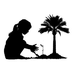 <!-- Generator: Adobe Illustrator 19.0.0, SVG Export Plug-In  -->
<svg version="1.1"
Little Girl Planting Tree Silhouette - Vector Child Gardening, Palm Tree Nature Conservation, and Green Earth 