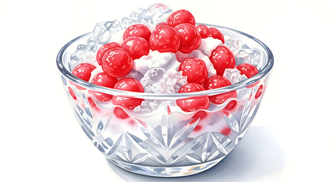 Watercolor illustration of Tub Tim Krob dessert in crystal bowl