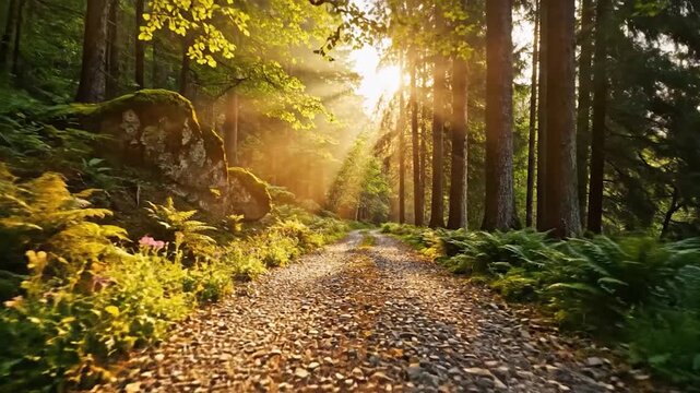 Morning sunlight streams through a tranquil forest onto a path.