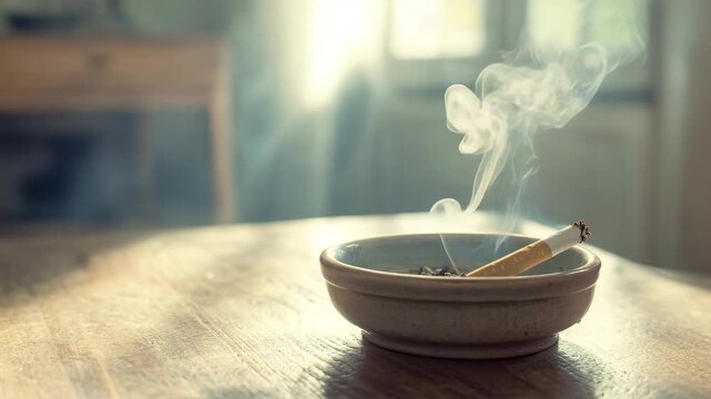 Cigarette burning in ashtray with smoke trail
