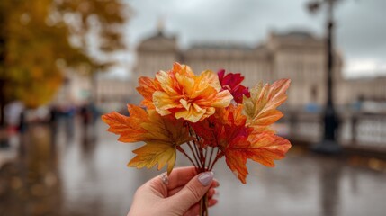 A beautiful woman's slender hand holds a bouquet of colorful maple leaves, with autumn in Moscow as background

