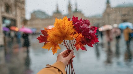 A beautiful woman's slender hand holds a bouquet of colorful maple leaves, with autumn in Moscow as background
