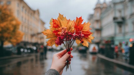A beautiful woman's slender hand holds a bouquet of colorful maple leaves, with autumn in Moscow as background
