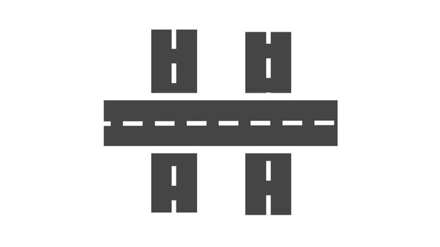 A complex overpass bridge structure crosses a horizontal highway to allow for multi-level vehicle movement
