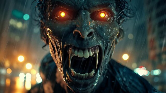 Zombie with sharp teeth and glowing eyes at night concept. Scary glowing eyed vampire monster with sharp fangs in dark rainy night urban setting