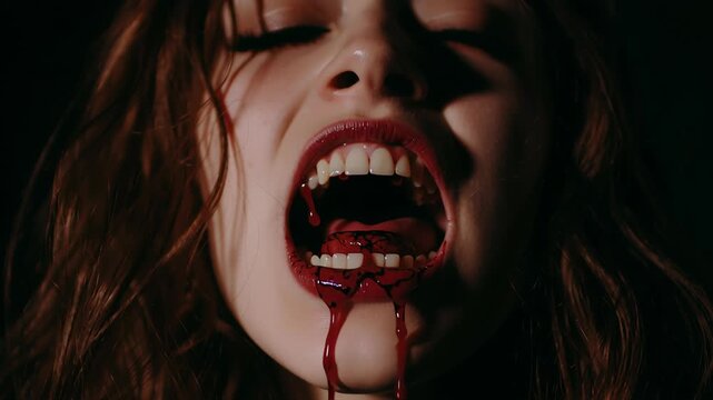 Zombie with sharp teeth and glowing eyes at night concept. Close up of person with open mouth and dripping blood creating dark horror and vampire concept