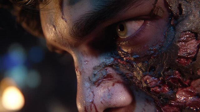 Zombie with sharp teeth and glowing eyes at night concept. Close up of intense blue eye with burned and damaged skin in dark dramatic lighting