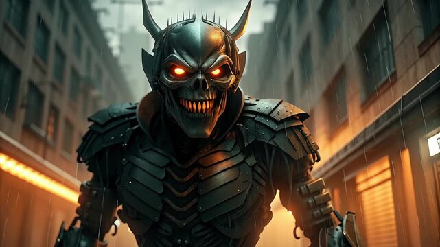 Zombie with sharp teeth and glowing eyes at night concept. Dark fantasy warrior with glowing eyes wearing black armor in a rainy urban street at dusk