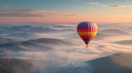 Fototapeta premium a hot air balloon floating above a sea of clouds during sunrise, pastel skies, serene and dreamy 