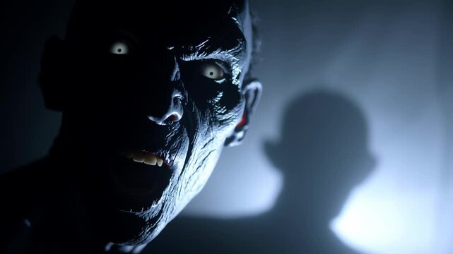 Zombie with sharp teeth and glowing eyes at night concept. Scary zombie face with glowing eyes and eerie shadow in dark spooky background for Halloween horror concept