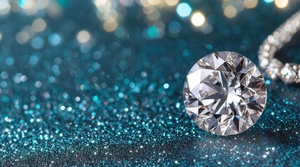 Fototapeta premium A luxurious diamond necklace under soft lights, dark backdrop, copy space above, commercial poster, advertising background