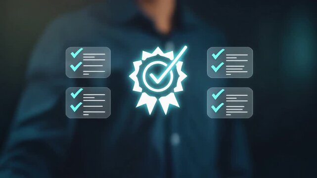 A person in a dark shirt interacts with a digital interface displaying a checkmark within a starburst surrounded by checklist items