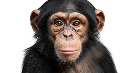 Fototapeta premium A friendly young chimpanzee poses for a close-up studio portrait, showing its expressive face and dark fur against a clean white backdrop