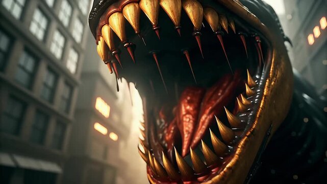 Zombie with sharp teeth and glowing eyes at night concept. Close up of fierce dinosaur head with sharp teeth in urban city environment prehistoric reptile