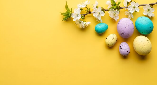 Colorful easter eggs and white cherry blossoms on yellow background