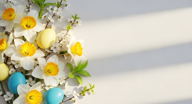 Easter eggs and flowers on white background with shadows
