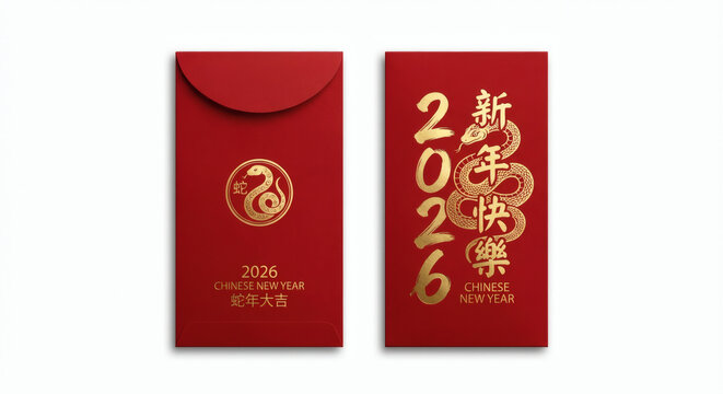 2026 Chinese New Year red envelope (angpao) design, Year of the Snake. Elegant design with "Happy New Year" calligraphy and golden snake zodiac. Perfect for the lucky money tradition.