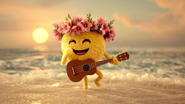 Cute Smiling Emoji Playing Ukulele on Beach &ndash; Happy Cartoon Character at Sunset