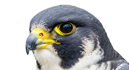 Fototapeta premium Close-up portrait of a majestic peregrine falcon head with intense yellow eyes, isolated on a white background