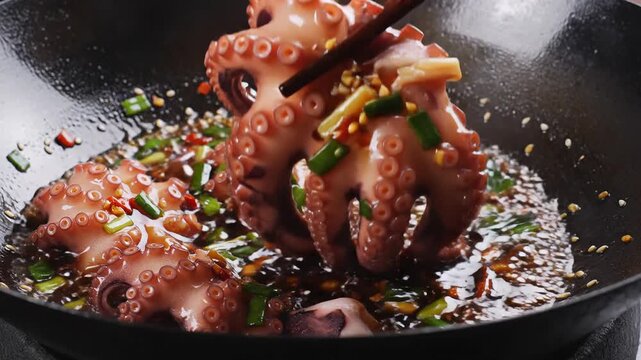 Delicious small octopus cooked in a wok with sauce, chili, and green onions