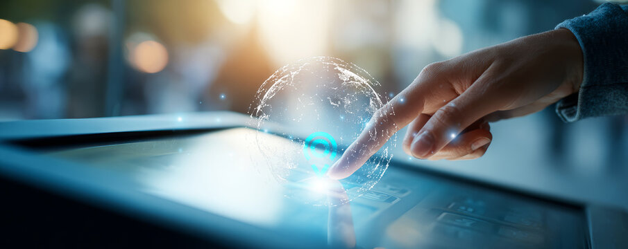 Finger touch screen hologram globe digital interface futuristic technology innovation concept user interaction global network business finance