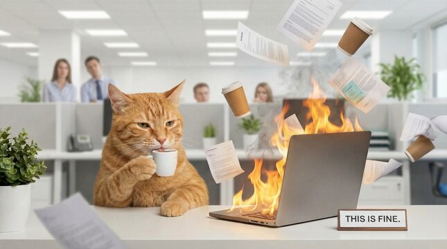 Cat's This is Fine Moment in a Chaotic Office: An orange cat calmly sips coffee as chaos erupts around it, with a burning laptop amidst flying papers and bewildered colleagues in the background.