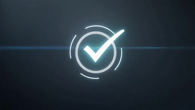 A glowing checkmark within a circle, symbolizing approval and confirmation, viewed from directly above on a dark background