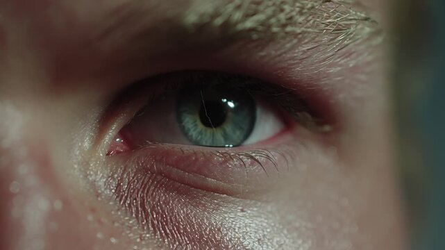 Intense thunderstorm effects with bright lightning concept. Close up of human eye with lightning reflection symbolizing power and energy