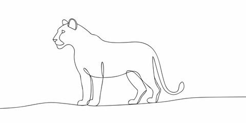 One continuous line drawing of a majestic mountain lion in profile © Bivuti