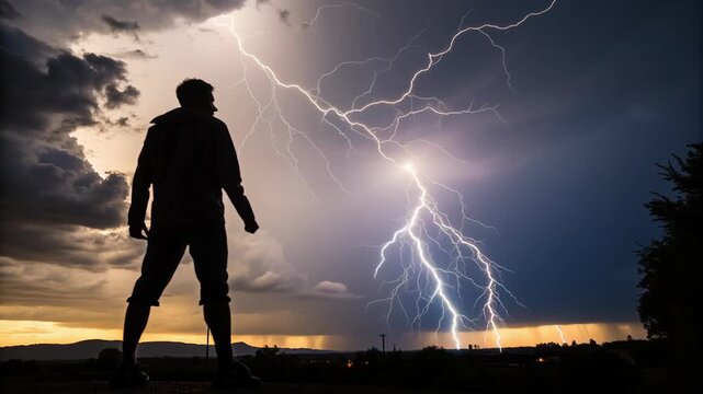 Intense thunderstorm effects with bright lightning concept. Silhouette of person watching dramatic lightning storm with dark clouds during sunset over landscape