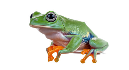 Fototapeta premium Vibrant green tree frog with striking orange feet sitting isolated on a clean white background, showcasing exotic amphibian beauty and wildlife curiosity