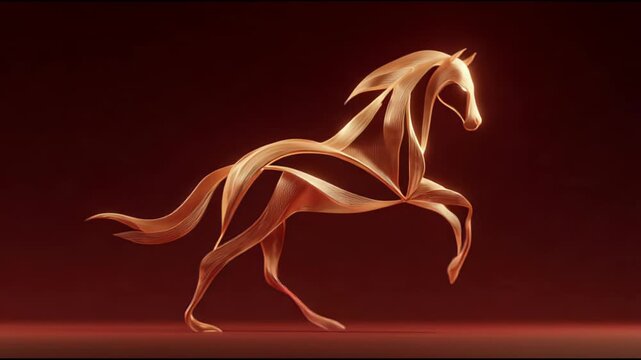 Abstract golden horse made of flowing silk ribbons galloping on luxury dark red background