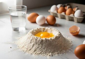 Egg yolk in a mound of flour on a kitchen counter with eggs and a glass of water