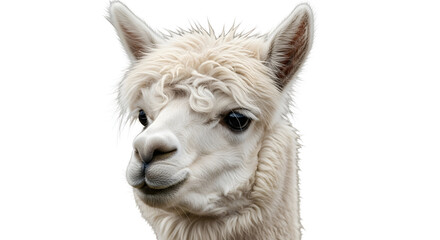 Obraz premium Close-up portrait of a cute white fluffy alpaca with curly wool looking directly at the camera, isolated on a clean white background