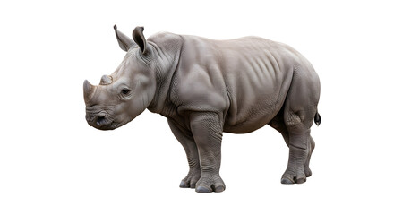 Fototapeta premium Majestic African rhinoceros standing in profile, a powerful wild animal isolated on a clean white background for conservation concepts