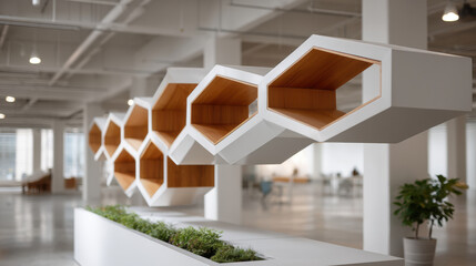 Modern hexagonal wooden shelves with white frames hang in spacious bright office interior, creating innovative and stylish storage solution