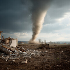 Fototapeta premium Powerful tornado demolishing countryside farm with debris scattered under dark stormy sky creating dramatic and intense atmosphere