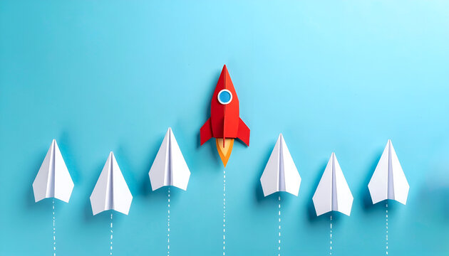 Paper rocket flying ahead of others, illustrating leadership, progress, startup launch, and strategic vision.